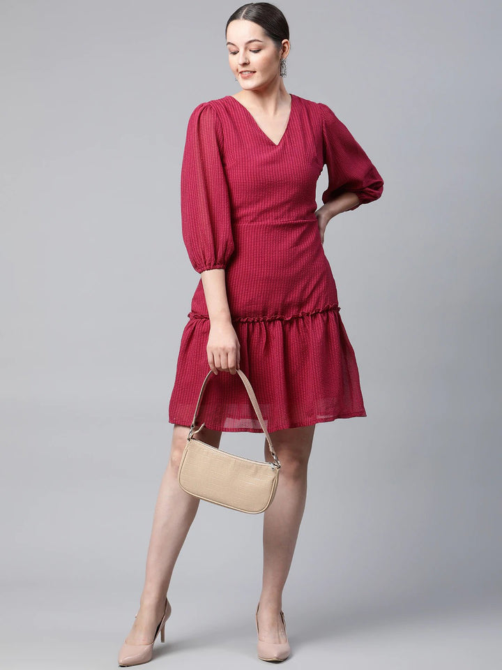 plusS Red Self Design Puff Sleeves A-Line Dress