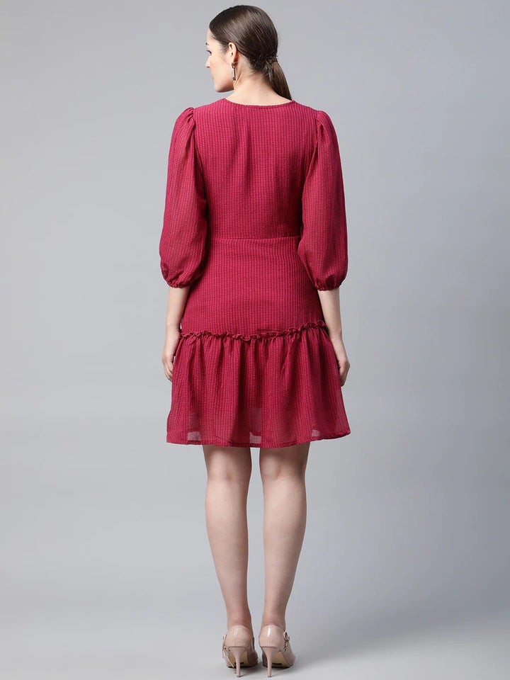 plusS Red Self Design Puff Sleeves A-Line Dress