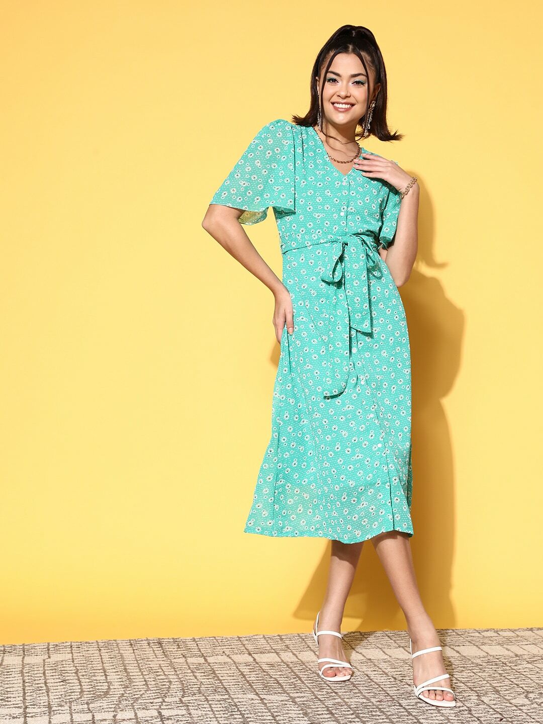 plusS Sea Green Floral A-Line Midi Dress