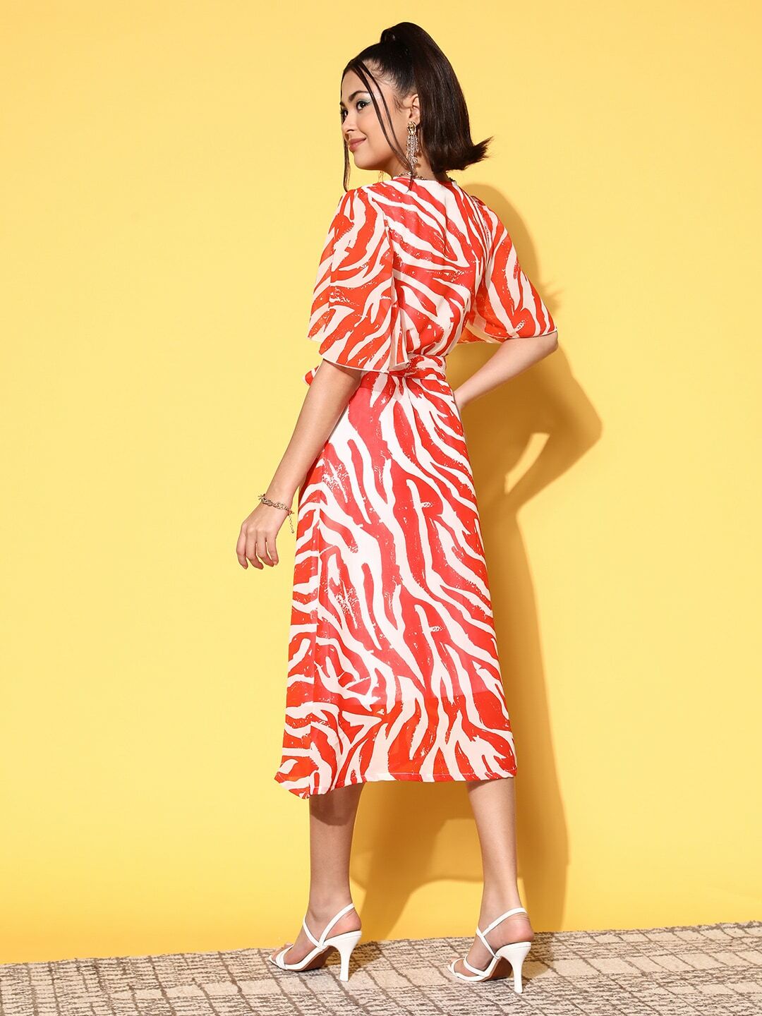 plusS Orange  White A-Line Midi Dress