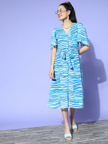 plusS White  Turquoise Blue Striped A-Line Midi Dress