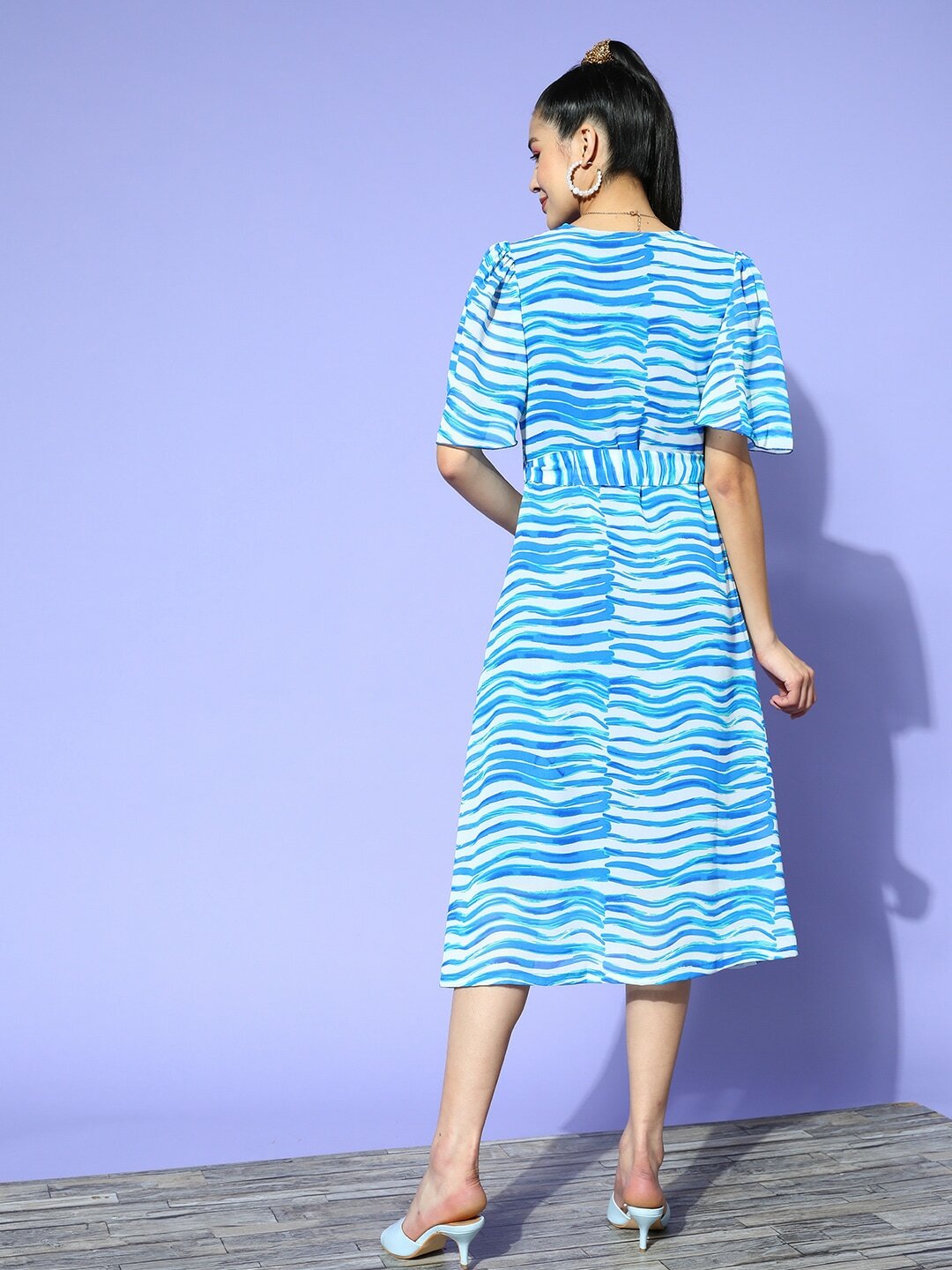 plusS White  Turquoise Blue Striped A-Line Midi Dress