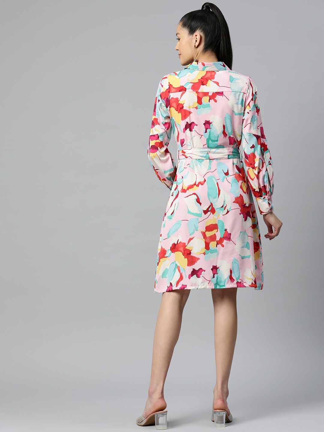 plusS Pink  Blue Floral Print Knee Length Shirt Dress