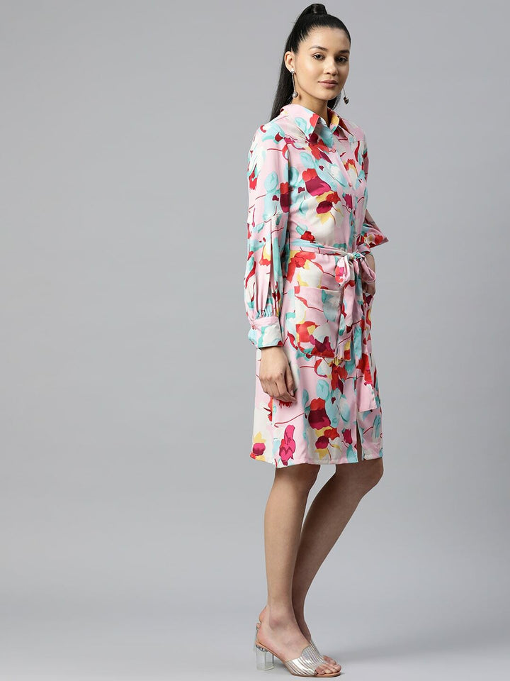 plusS Pink  Blue Floral Print Knee Length Shirt Dress