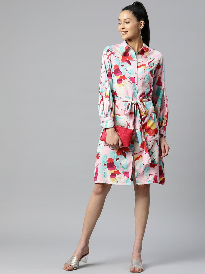 plusS Pink  Blue Floral Print Knee Length Shirt Dress