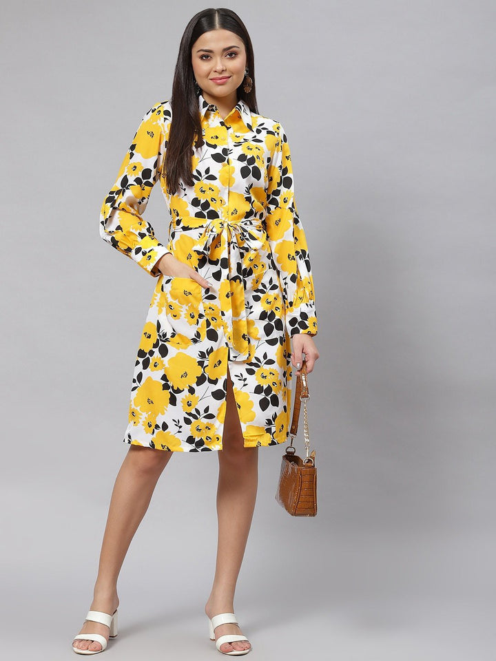 plusS Yellow  White Floral Print Shirt Dress with Belt