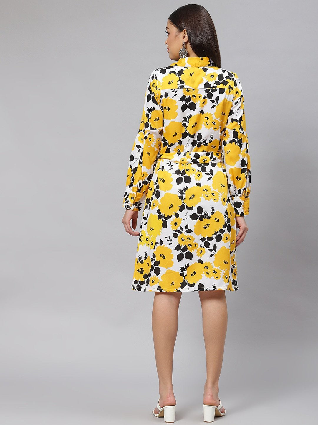 plusS Yellow  White Floral Print Shirt Dress with Belt