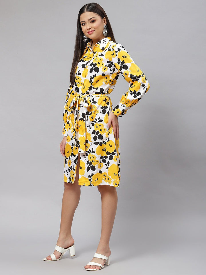 plusS Yellow  White Floral Print Shirt Dress with Belt