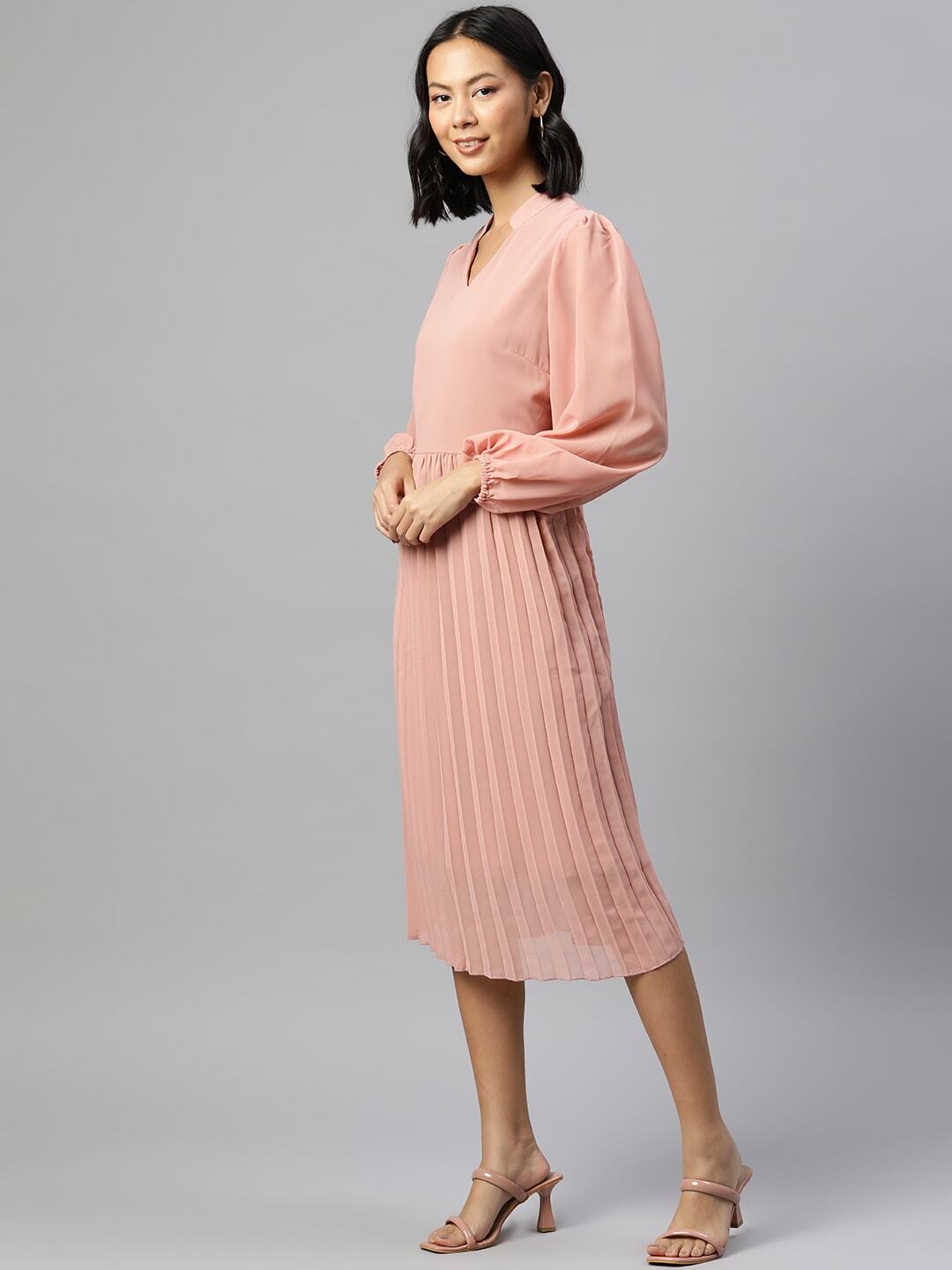 plusS Solid Puff Sleeve A-Line Midi Dress