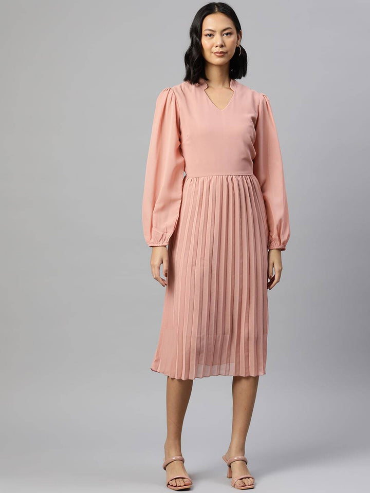 plusS Solid Puff Sleeve A-Line Midi Dress