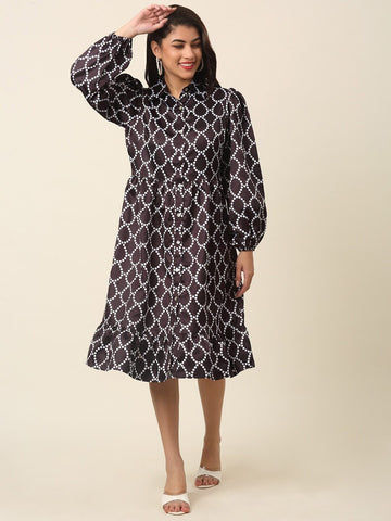 plusS Black Print Puff Sleeve Shirt Dress