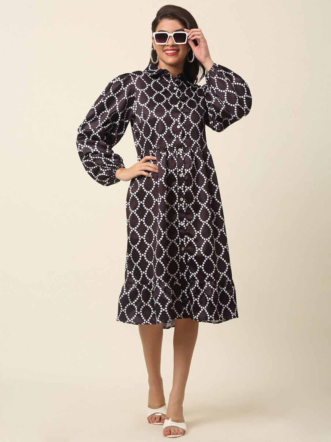 plusS Black Print Puff Sleeve Shirt Dress