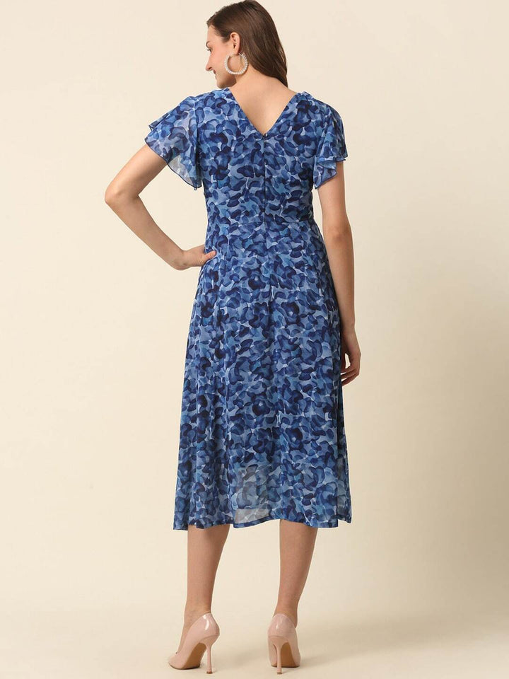 plusS Blue Abstract Printed Flutter Sleeves A-Line Midi Dress