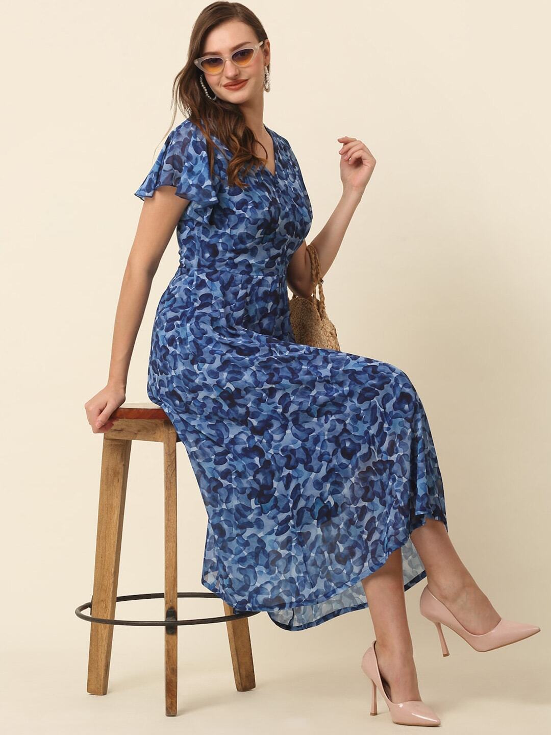 plusS Blue Abstract Printed Flutter Sleeves A-Line Midi Dress