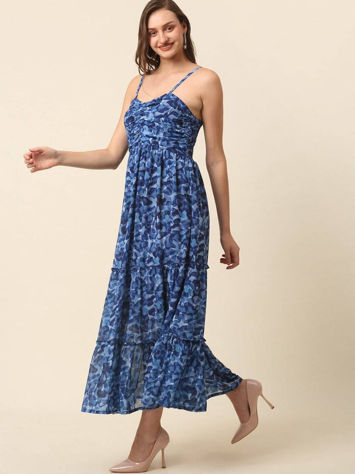 plusS Blue Abstract Printed Shoulder Straps Tiered Fit  Flare Maxi Dress