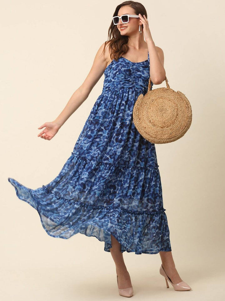 plusS Blue Abstract Printed Shoulder Straps Tiered Fit  Flare Maxi Dress