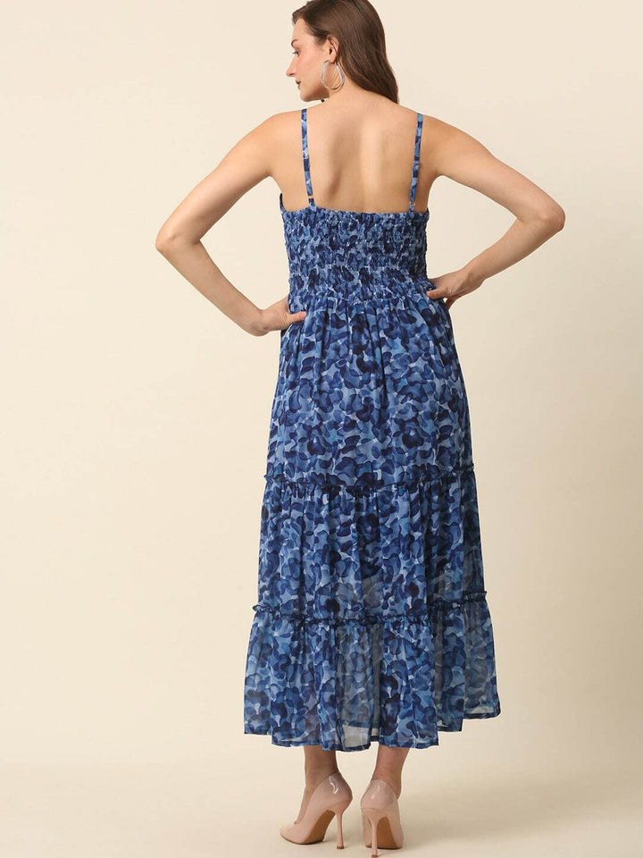 plusS Blue Abstract Printed Shoulder Straps Tiered Fit  Flare Maxi Dress