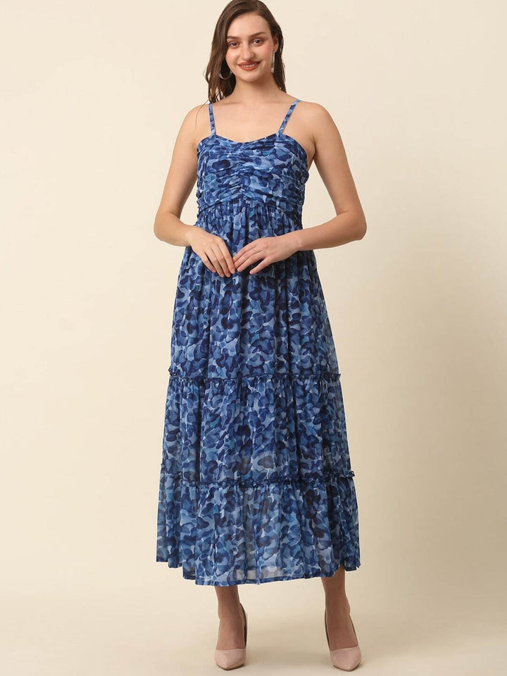 plusS Blue Abstract Printed Shoulder Straps Tiered Fit  Flare Maxi Dress