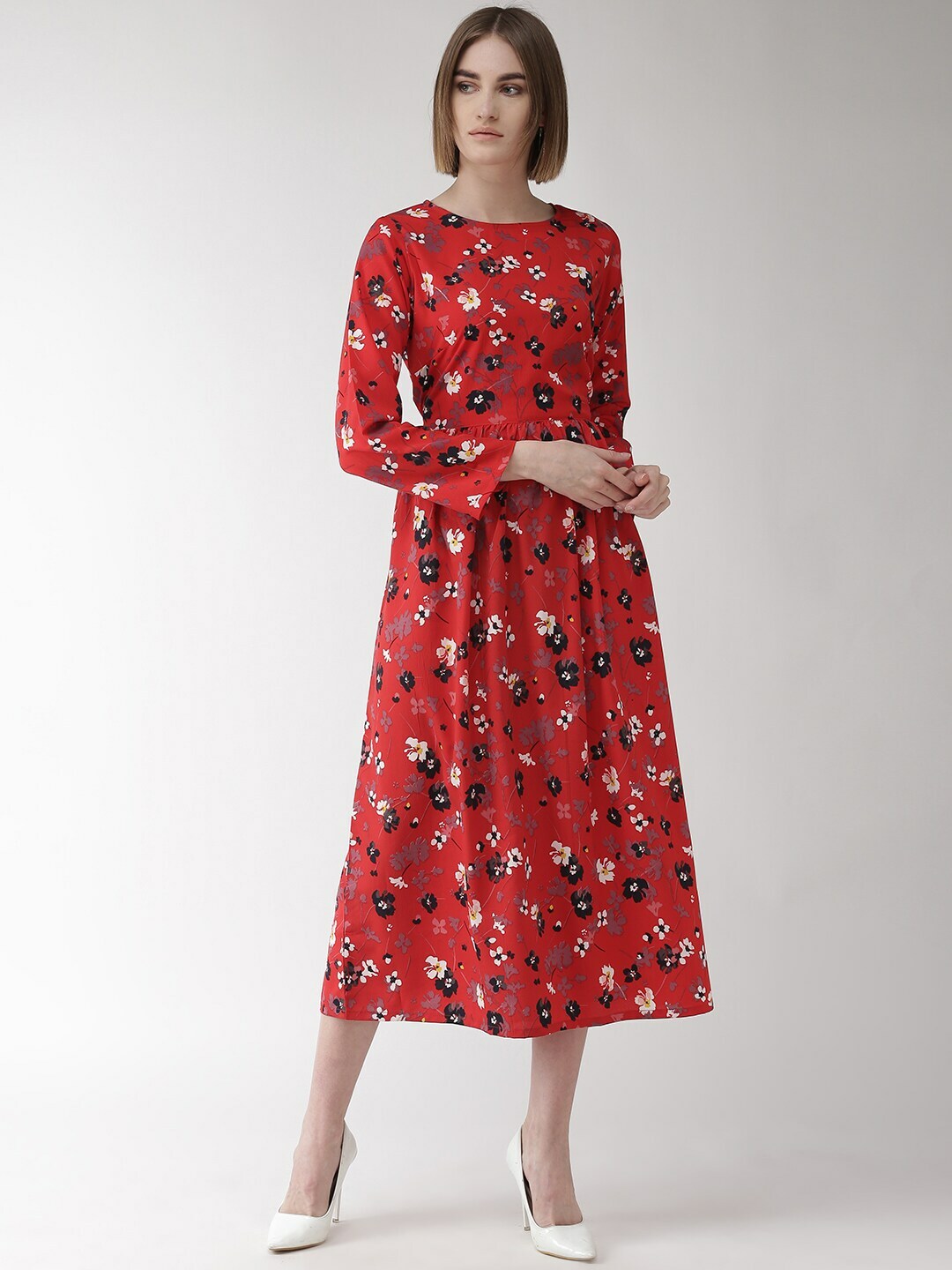 plusS Women Red Floral Print Fit and Flare Dress