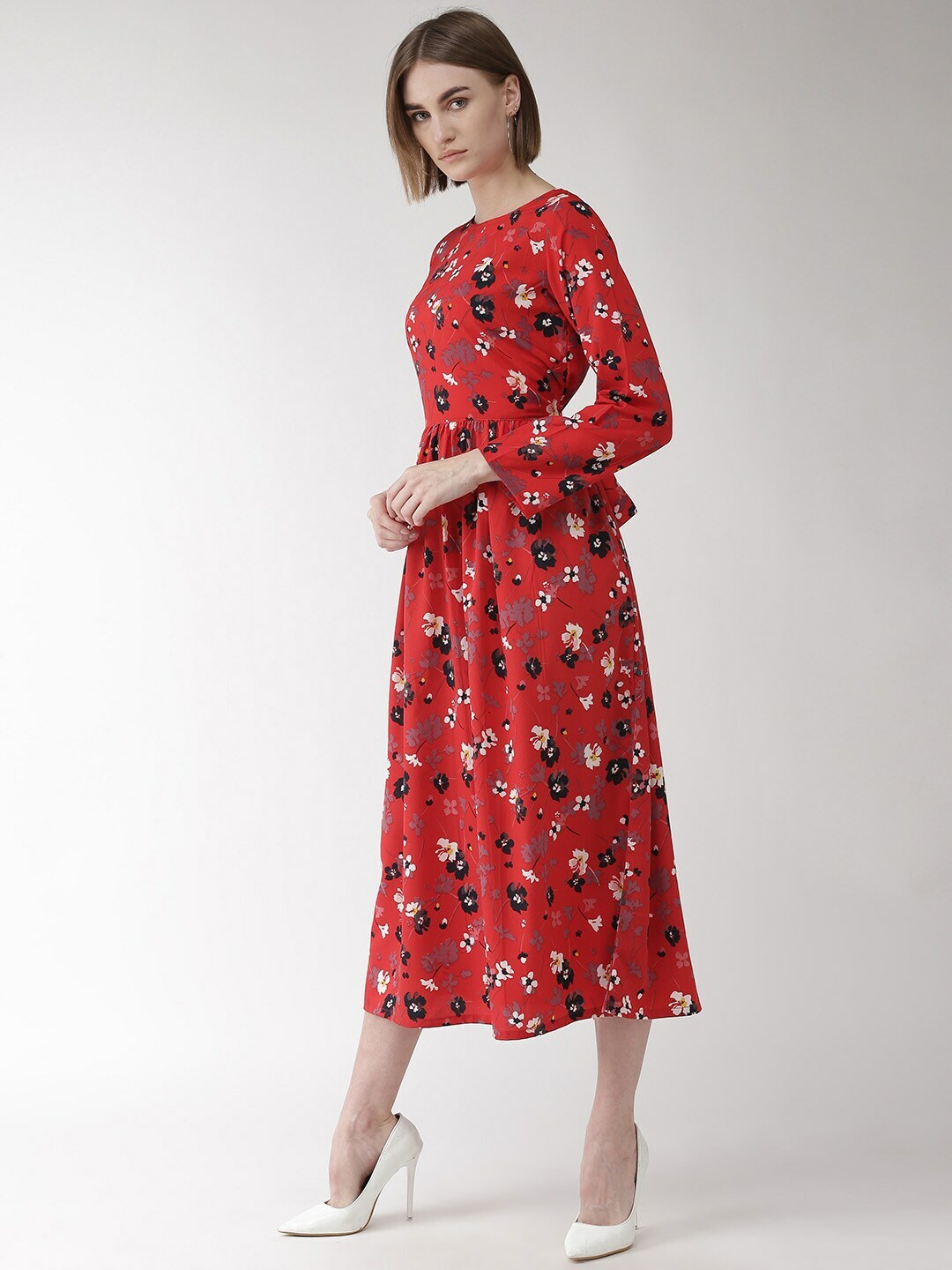 plusS Women Red Floral Print Fit and Flare Dress