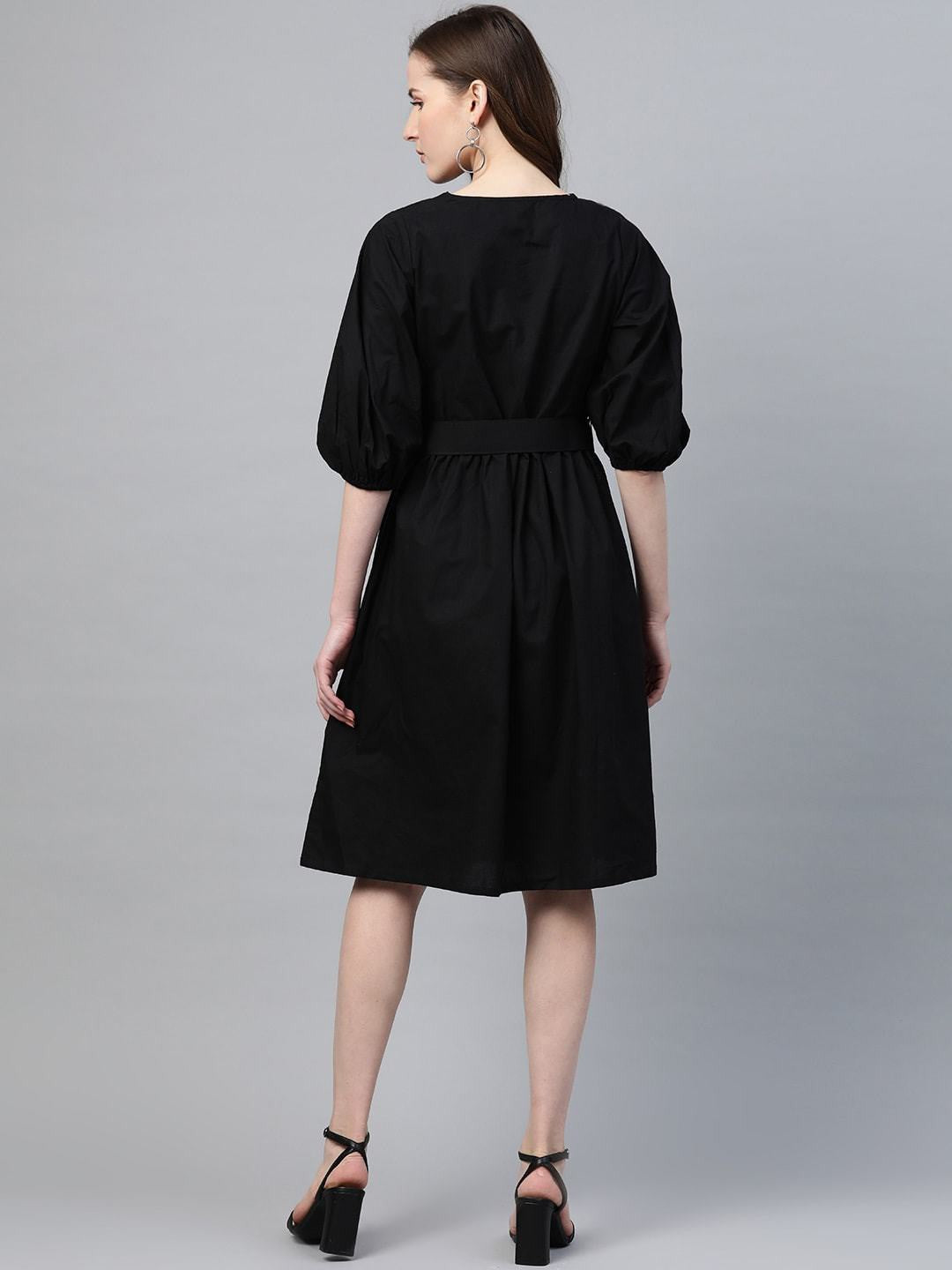 plusS Black Cotton A-Line Dress With Belt