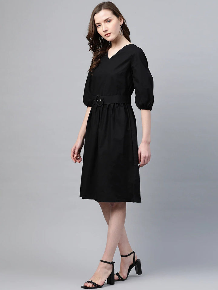 plusS Black Cotton A-Line Dress With Belt