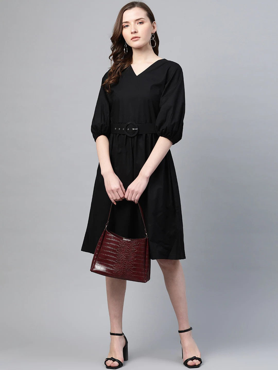 plusS Black Cotton A-Line Dress With Belt