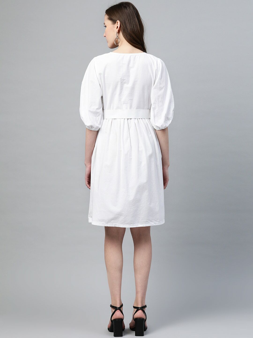 plusS Women White Cotton Solid A-Line Dress With Belt