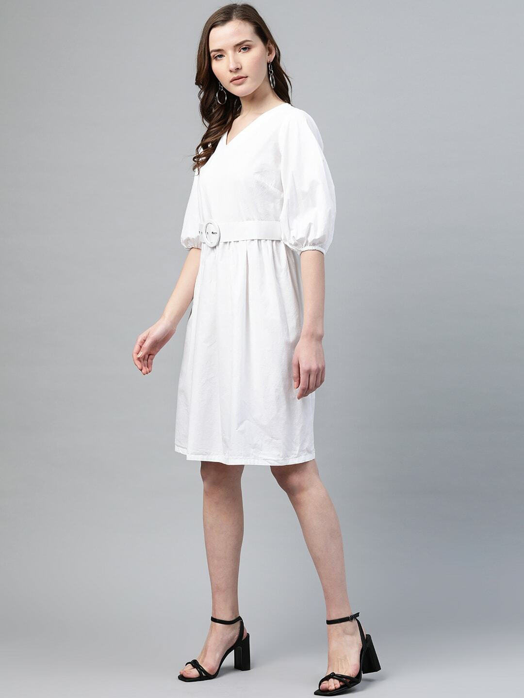 plusS Women White Cotton Solid A-Line Dress With Belt