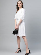 plusS Women White Cotton Solid A-Line Dress With Belt