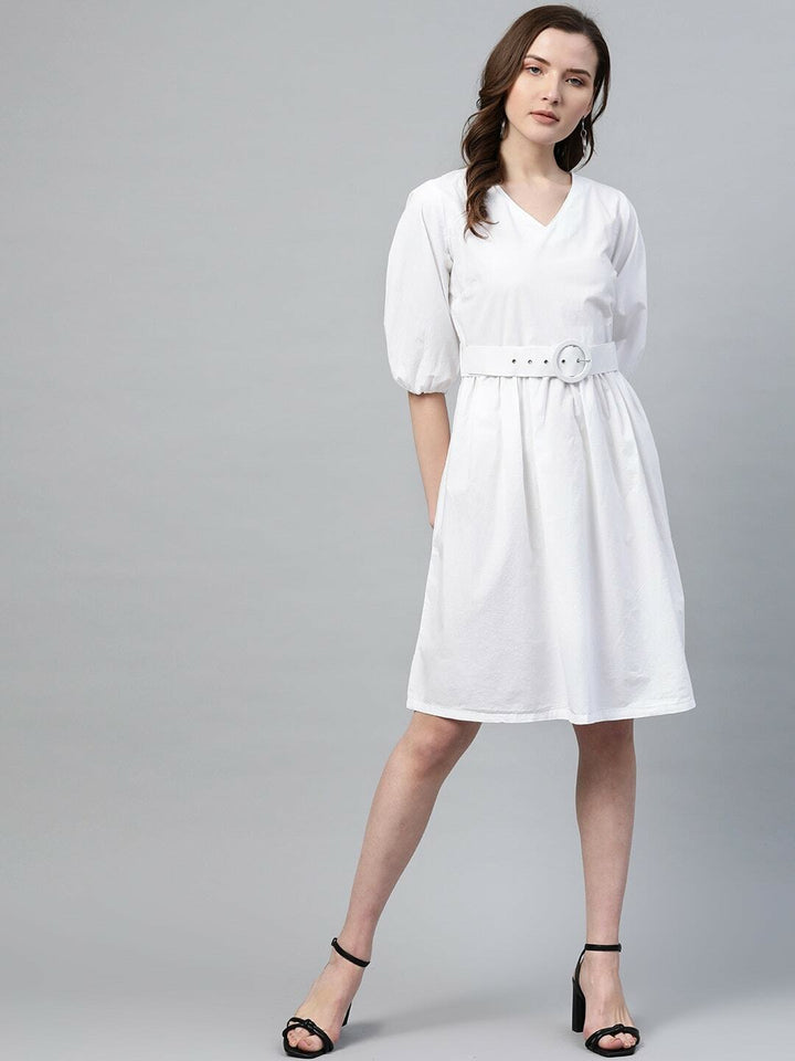 plusS Women White Cotton Solid A-Line Dress With Belt