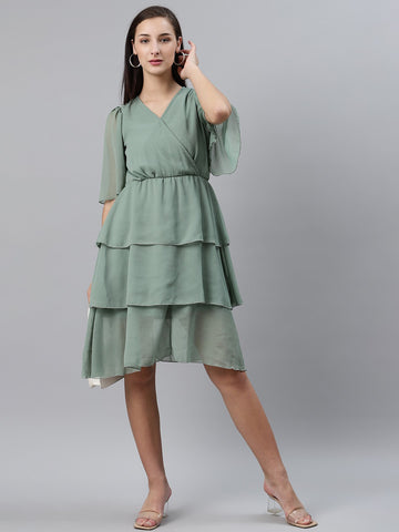 plusS Sea Green Solid Layered Wrap Dress