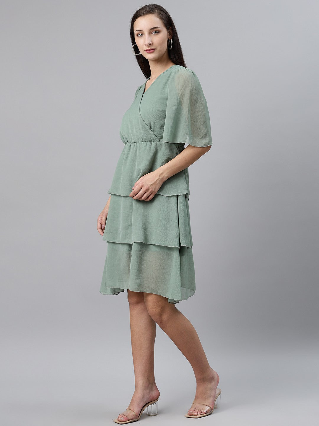 plusS Sea Green Solid Layered Wrap Dress