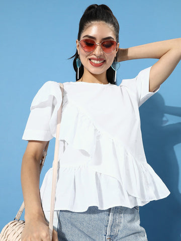 Classic White Solid Ruffled Top