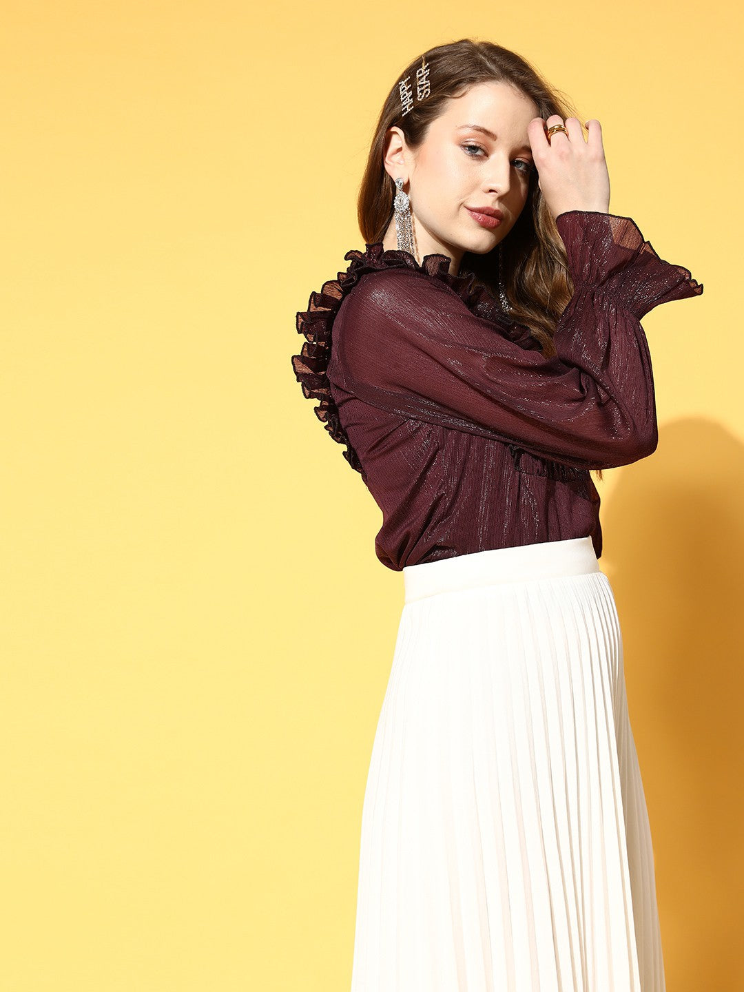 Attractive Brown Solid Pleated Form Top