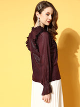 Attractive Brown Solid Pleated Form Top