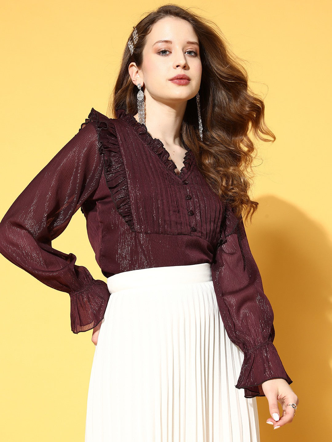 Attractive Brown Solid Pleated Form Top