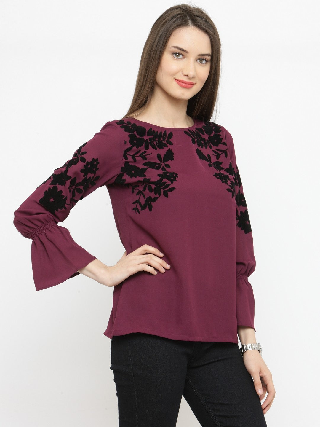 plusS Burgundy Floral Bell Sleeves A-Line Top