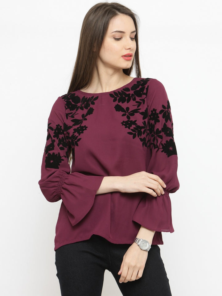 plusS Burgundy Floral Bell Sleeves A-Line Top