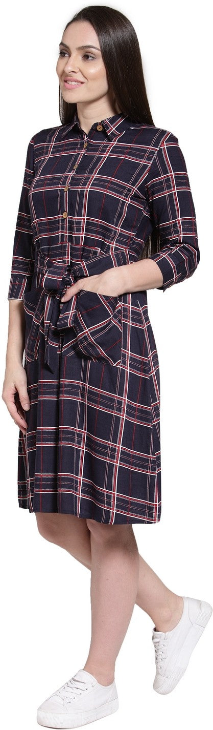 plusS Women Navy Blue Checked Shirt Dress