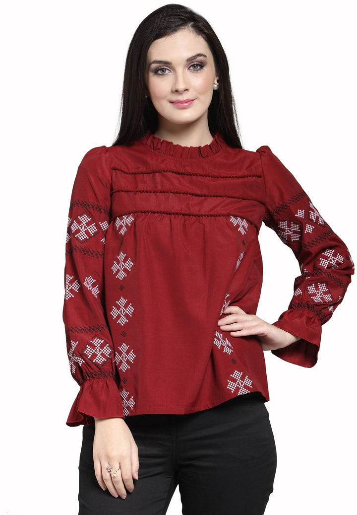 plusS Maroon Geometric Embroidered Boxy Top