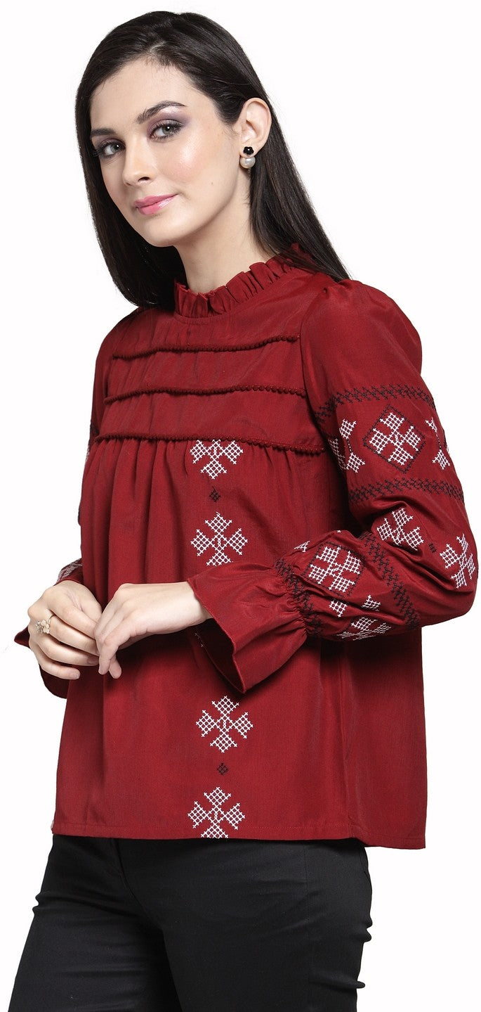 plusS Maroon Geometric Embroidered Boxy Top