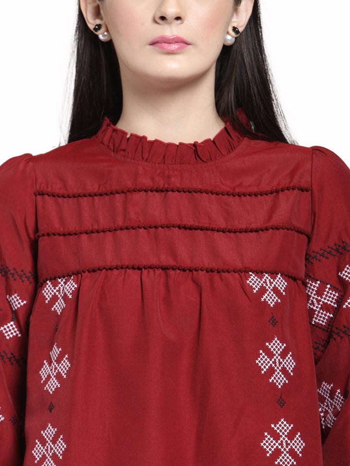 plusS Maroon Geometric Embroidered Boxy Top