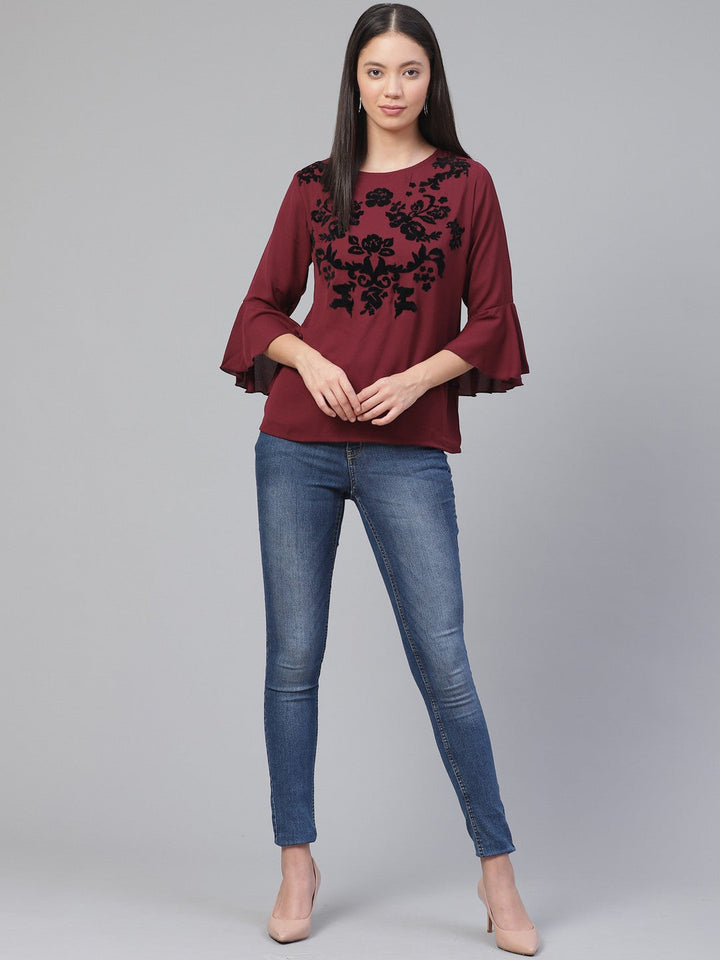 plusS Women Maroon  Black Floral Print Top