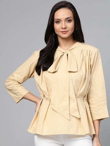 plusS Women Beige Solid A-Line Pure Cotton Top