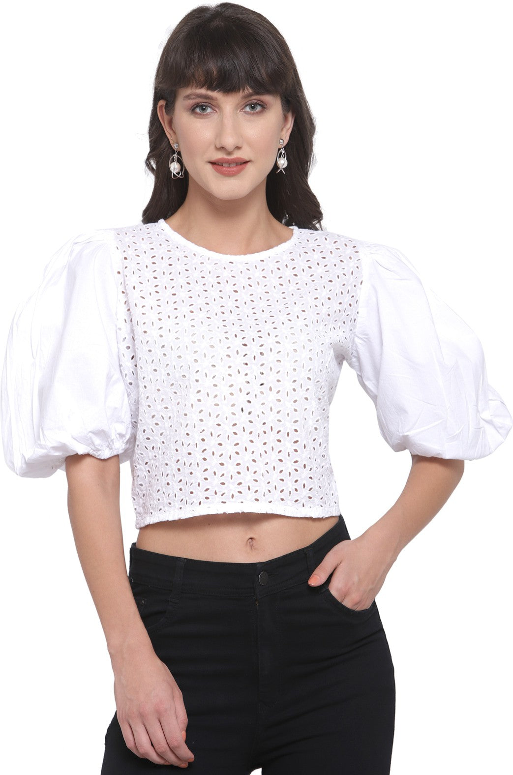 plusS White Schiffli Puff Sleeves Pure Cotton Regular Top