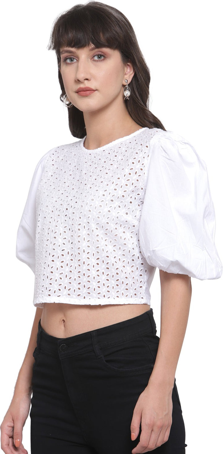 plusS White Schiffli Puff Sleeves Pure Cotton Regular Top