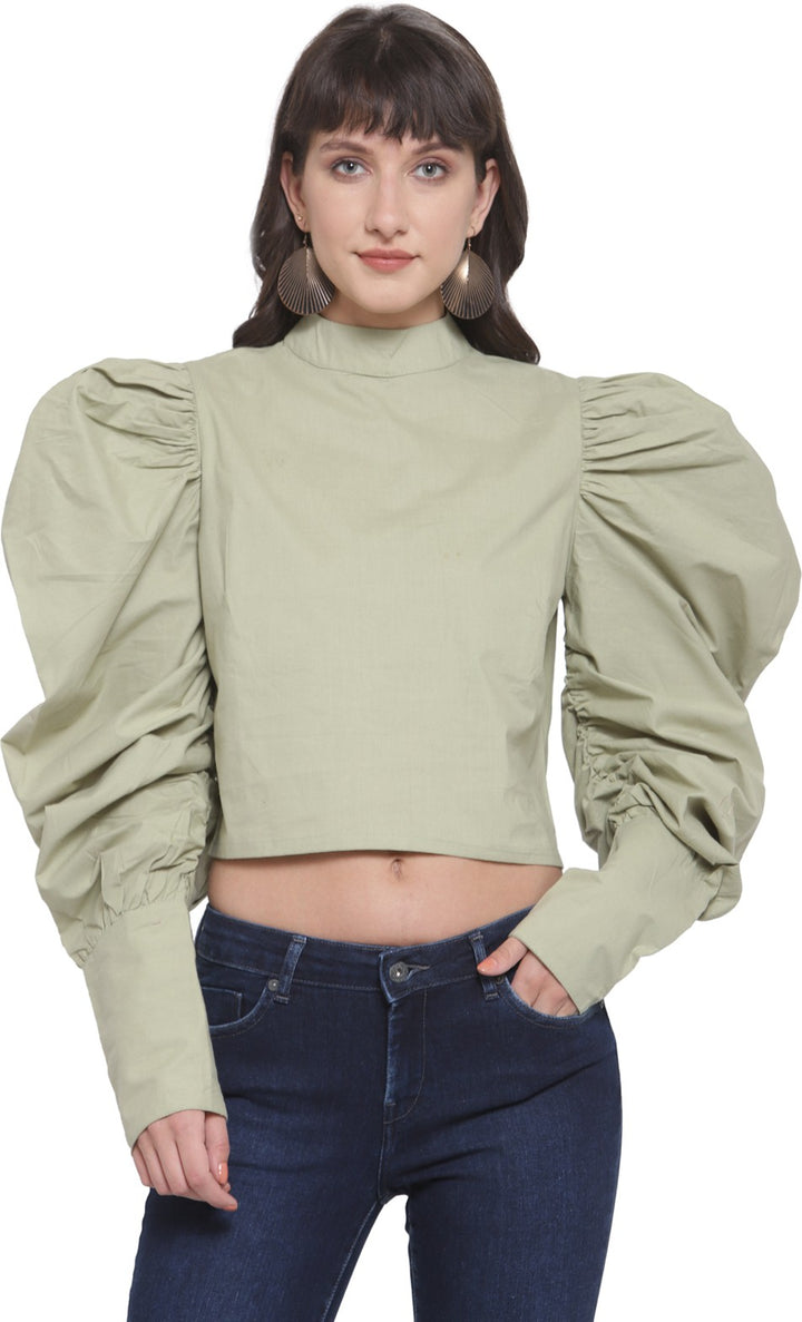 plusS Green Solid Power Shoulders Crop Top