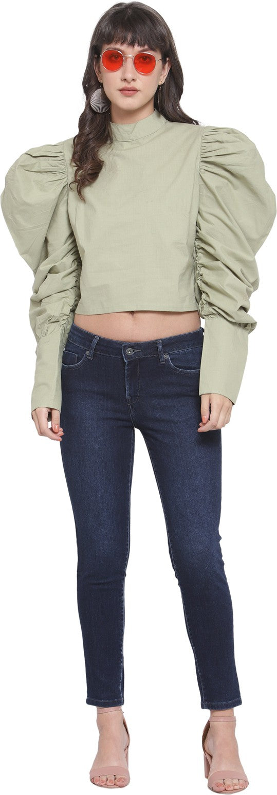 plusS Green Solid Power Shoulders Crop Top