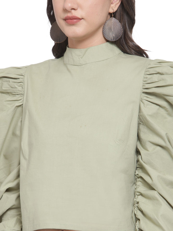 plusS Green Solid Power Shoulders Crop Top